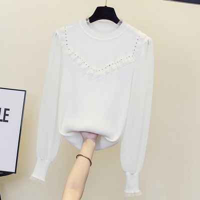 Rudens ziema sievietes Ziedu izšuvumi džemperis brīvs ikdienišķs garš Piedurknēm volānu apkakle Patchwork Spring Lielizmēra pulovers