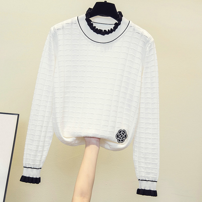 Rudens ziema sievietes Ziedu izšuvumi džemperis brīvs ikdienišķs garš Piedurknēm volānu apkakle Patchwork Spring Lielizmēra pulovers