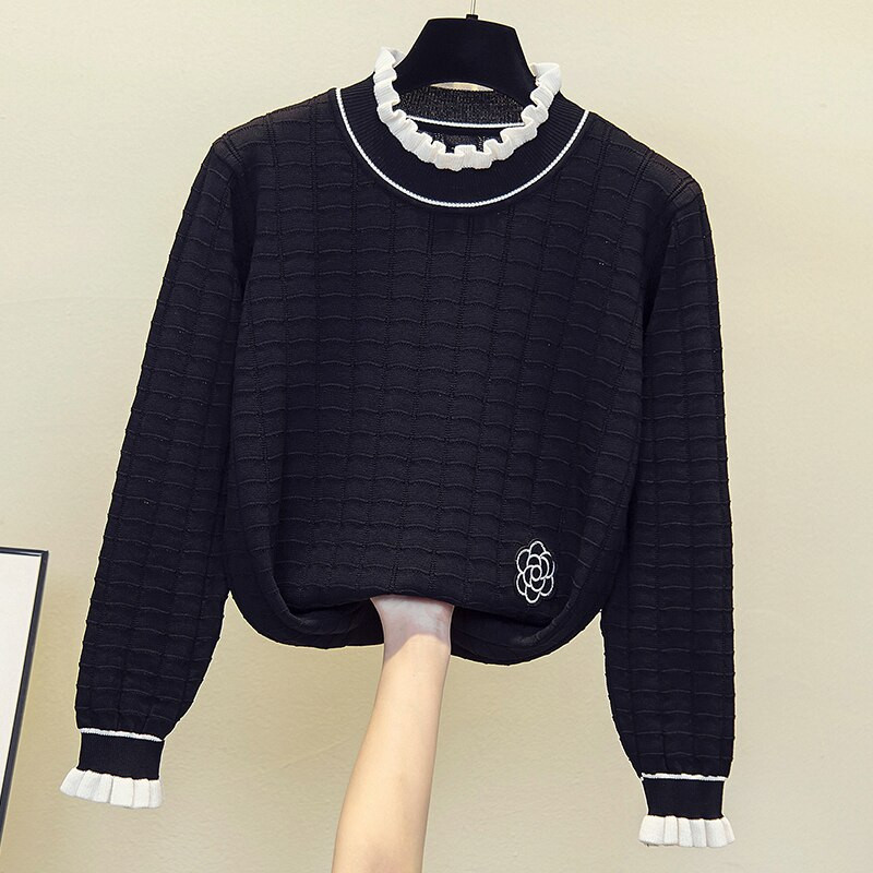 Rudens ziema sievietes Ziedu izšuvumi džemperis brīvs ikdienišķs garš Piedurknēm volānu apkakle Patchwork Spring Lielizmēra pulovers