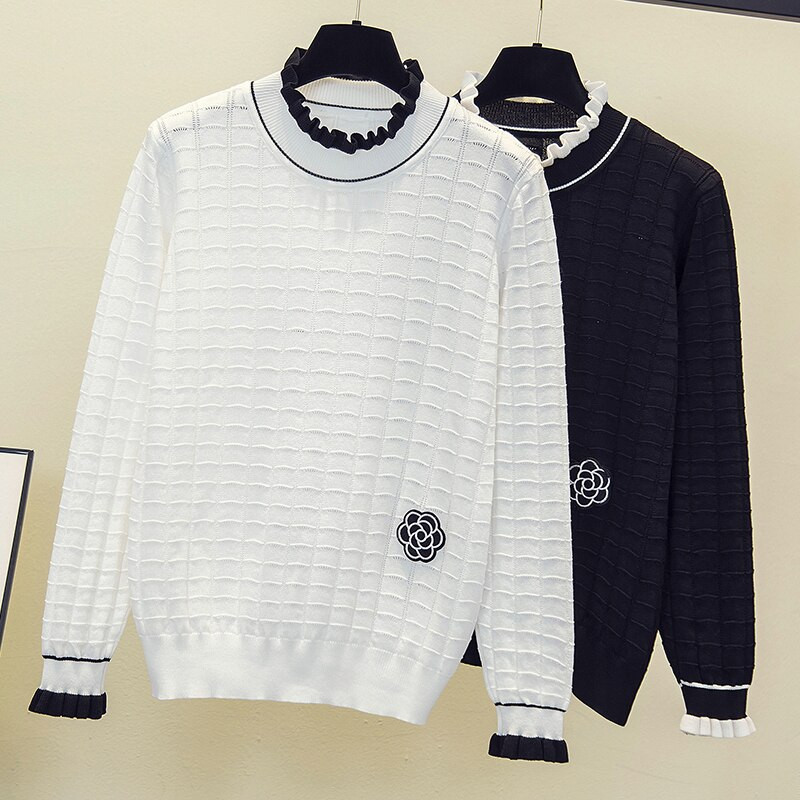 Rudens ziema sievietes Ziedu izšuvumi džemperis brīvs ikdienišķs garš Piedurknēm volānu apkakle Patchwork Spring Lielizmēra pulovers