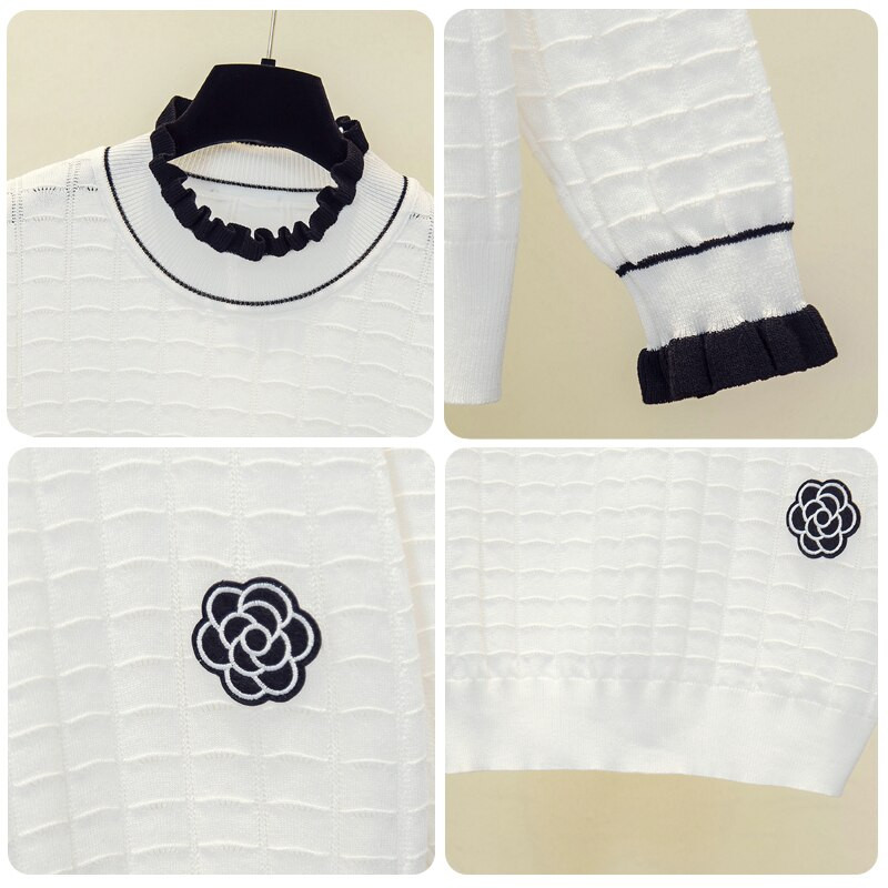 Rudens ziema sievietes Ziedu izšuvumi džemperis brīvs ikdienišķs garš Piedurknēm volānu apkakle Patchwork Spring Lielizmēra pulovers