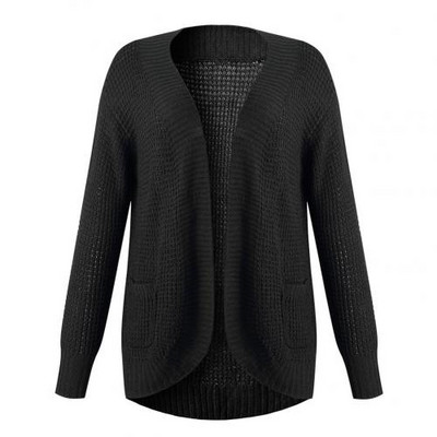 Νέα φθινοπωρινή χειμερινή μακρυμάνικη πλεκτή ζακέτα Γυναικεία αφράτη πουλόβερ με πανωφόρι τσέπη Παλτό Γυναικείο τζάκετ Κορεατικό βασικό πουλόβερ μαύρο