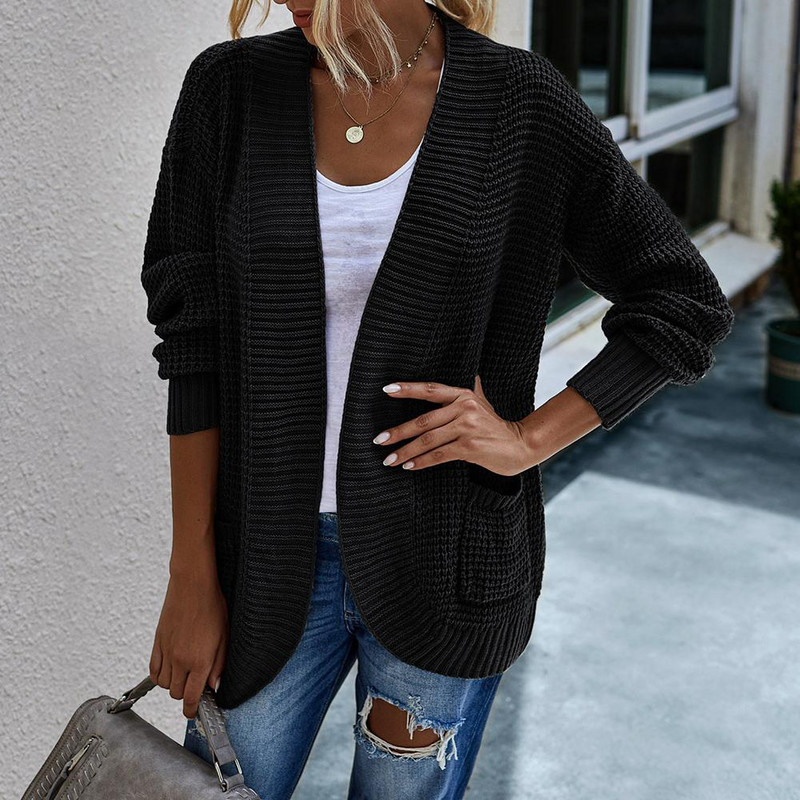 Νέα φθινοπωρινή χειμερινή μακρυμάνικη πλεκτή ζακέτα Γυναικεία αφράτη πουλόβερ με πανωφόρι τσέπη Παλτό Γυναικείο τζάκετ Κορεατικό βασικό πουλόβερ μαύρο