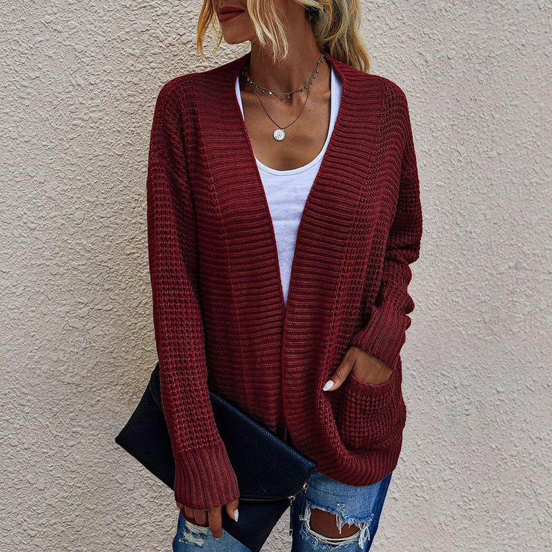 Νέα φθινοπωρινή χειμερινή μακρυμάνικη πλεκτή ζακέτα Γυναικεία αφράτη πουλόβερ με πανωφόρι τσέπη Παλτό Γυναικείο τζάκετ Κορεατικό βασικό πουλόβερ μαύρο