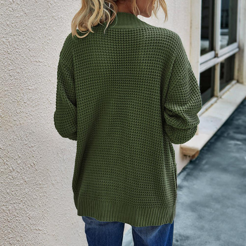 Νέα φθινοπωρινή χειμερινή μακρυμάνικη πλεκτή ζακέτα Γυναικεία αφράτη πουλόβερ με πανωφόρι τσέπη Παλτό Γυναικείο τζάκετ Κορεατικό βασικό πουλόβερ μαύρο