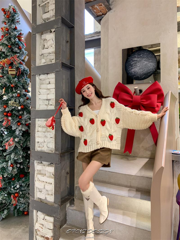 Φράουλα απλικέ Ζακέτα Γυναικείο Μάλλινο Πουλόβερ Φθινοπωρινό και Χειμώνα Χαριτωμένο γλυκό φουσκωτό μανίκι V-λαιμόκοψη Πλεκτό Γυναικείο πουλόβερ 2022 Νέο