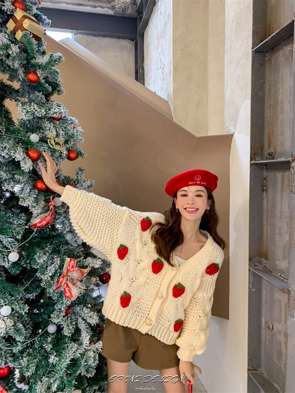 Φράουλα απλικέ Ζακέτα Γυναικείο Μάλλινο Πουλόβερ Φθινοπωρινό και Χειμώνα Χαριτωμένο γλυκό φουσκωτό μανίκι V-λαιμόκοψη Πλεκτό Γυναικείο πουλόβερ 2022 Νέο
