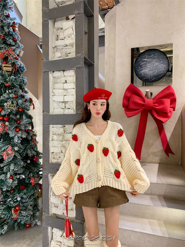 Φράουλα απλικέ Ζακέτα Γυναικείο Μάλλινο Πουλόβερ Φθινοπωρινό και Χειμώνα Χαριτωμένο γλυκό φουσκωτό μανίκι V-λαιμόκοψη Πλεκτό Γυναικείο πουλόβερ 2022 Νέο
