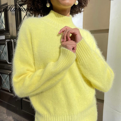 Hirsionsan Висококачествен кашмирен пуловер Дамски основен плетен пуловер Елегантни меки дамски дрехи Свободен ежедневен женски пуловер