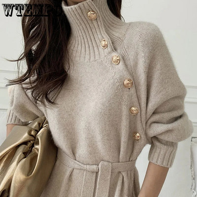 Пуловери Луксозен дизайнерски пуловер с костенурка, есен, зима, дълга плетена рокля, колан с ребрени ръкави, елегантен дамски корейски пуловер на едро