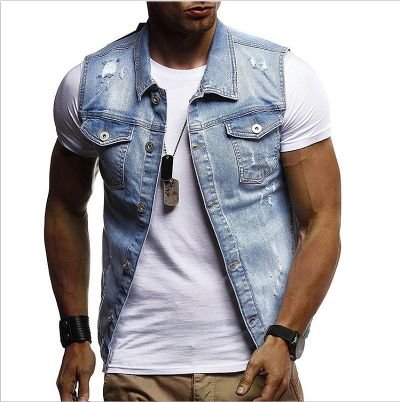 Ανδρικά Slim Fit Ανοιξιάτικα φθινοπωρινά τζιν γιλέκα σκισμένα τζιν γιλέκα τζιν γιακά με λεπτή εφαρμογή Αμάνικα τζιν μπουφάν J3006
