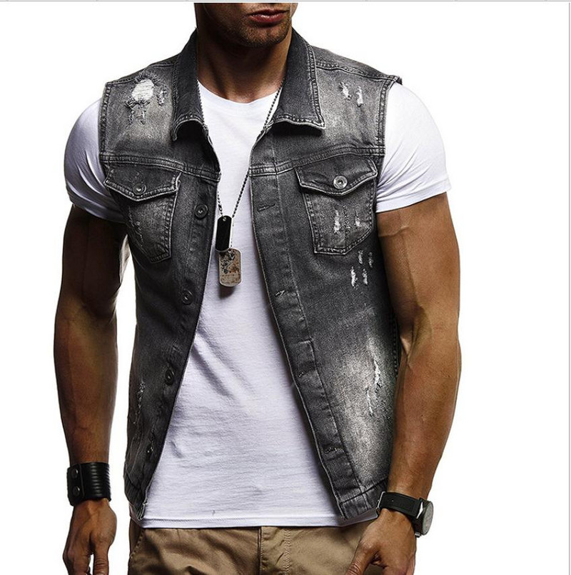 Ανδρικά Slim Fit Ανοιξιάτικα φθινοπωρινά τζιν γιλέκα σκισμένα τζιν γιλέκα τζιν γιακά με λεπτή εφαρμογή Αμάνικα τζιν μπουφάν J3006