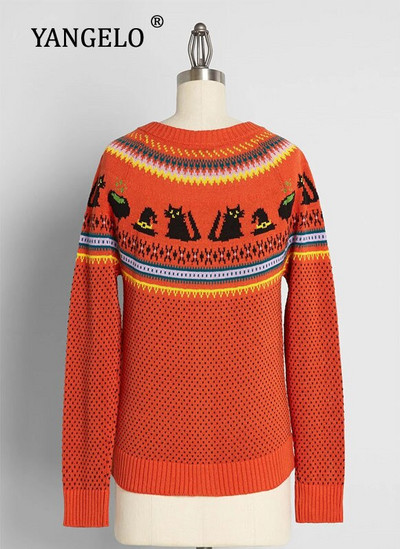 Πλεκτή ζακέτα μάγισσες για το αποκριάτικο πάρτι Κοριτσίστικα γεωμετρικά ζιγκ ζακ και ρίγες Γυναικείο μακρυμάνικο μπουφάν μαύρο γάτας