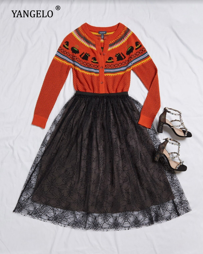 Πλεκτή ζακέτα μάγισσες για το αποκριάτικο πάρτι Κοριτσίστικα γεωμετρικά ζιγκ ζακ και ρίγες Γυναικείο μακρυμάνικο μπουφάν μαύρο γάτας