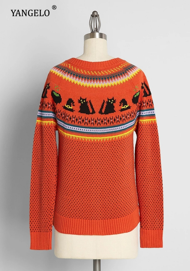 Πλεκτή ζακέτα μάγισσες για το αποκριάτικο πάρτι Κοριτσίστικα γεωμετρικά ζιγκ ζακ και ρίγες Γυναικείο μακρυμάνικο μπουφάν μαύρο γάτας