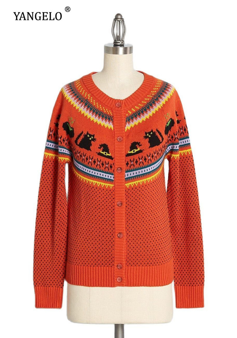 Πλεκτή ζακέτα μάγισσες για το αποκριάτικο πάρτι Κοριτσίστικα γεωμετρικά ζιγκ ζακ και ρίγες Γυναικείο μακρυμάνικο μπουφάν μαύρο γάτας