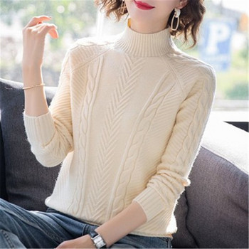 Корейски Нов 2021 Есен Зима Дамски плетен пуловер с висока яка Ежедневни меки джъмпери Модни тънки женски еластични пуловери Дамски