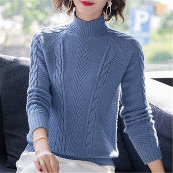 Корейски Нов 2021 Есен Зима Дамски плетен пуловер с висока яка Ежедневни меки джъмпери Модни тънки женски еластични пуловери Дамски
