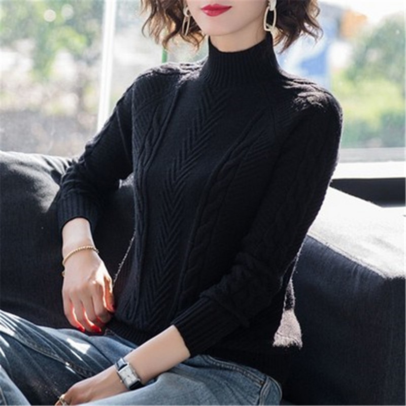 Korėjos naujiena, 2021 m. rudens žiemos moterų megztinis megztinis su kaklu, laisvalaikio minkštas džemperis, ploni moteriški elastiniai megztiniai moterims