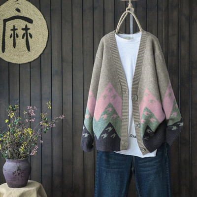 Krāsai atbilstoša trikotāžas jaciņa sieviešu korejiešu džempera mētelis ar garu pogu, populārs retro stila elegants modes jakas mētelis