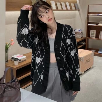 Дамска плетена жилетка Argyle Heart Pattern Жакардов пуловер с дълъг ръкав Love Style Coat 2021 Есен Зима Реколта корейски топове