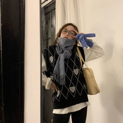 Sieviešu trikotāžas jaka Argyle sirds raksta žakarda džemperis ar garām piedurknēm mīlestības stila mētelis 2021. gada rudens un ziemas vintage korejiešu topi