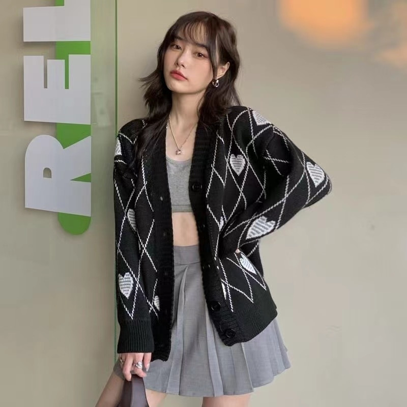 Sieviešu trikotāžas jaka Argyle sirds raksta žakarda džemperis ar garām piedurknēm mīlestības stila mētelis 2021. gada rudens un ziemas vintage korejiešu topi