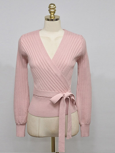 2021. gada eleganti rozā, V kakla izgriezuma laternas piedurkņu šņorējamais džemperis sieviešu pavasara rudens melns OL jaciņš, trikotāžas džemperis, sieviešu topi