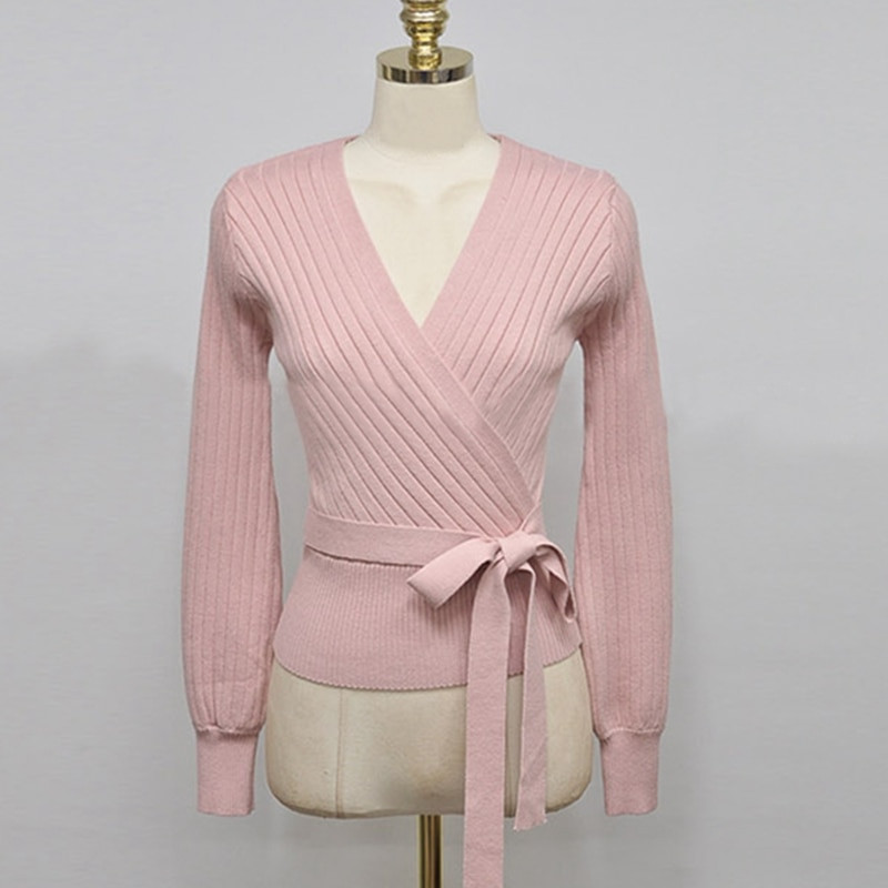 2021. gada eleganti rozā, V kakla izgriezuma laternas piedurkņu šņorējamais džemperis sieviešu pavasara rudens melns OL jaciņš, trikotāžas džemperis, sieviešu topi