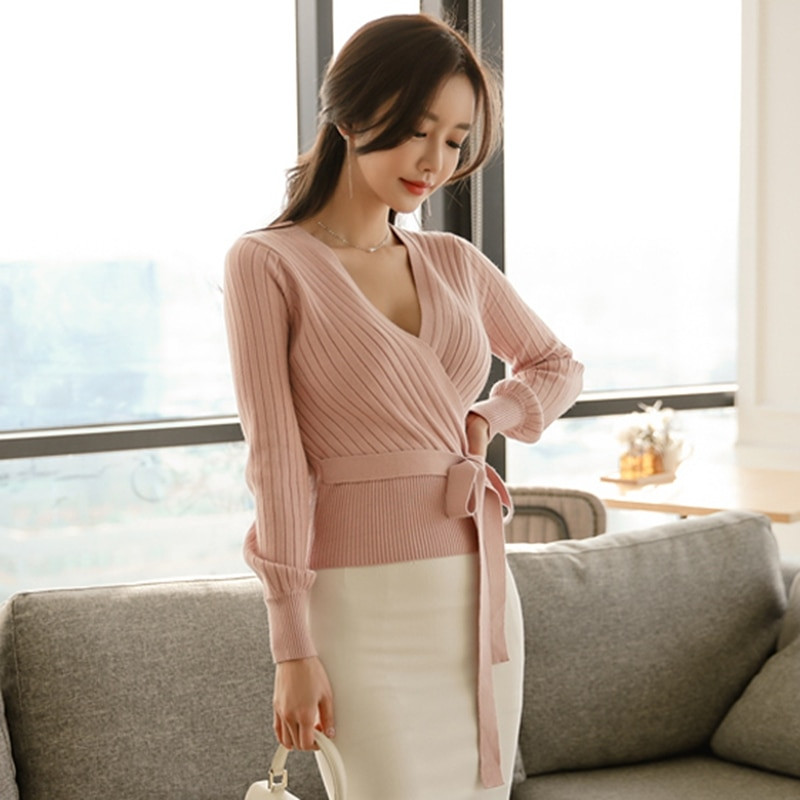 2021. gada eleganti rozā, V kakla izgriezuma laternas piedurkņu šņorējamais džemperis sieviešu pavasara rudens melns OL jaciņš, trikotāžas džemperis, sieviešu topi