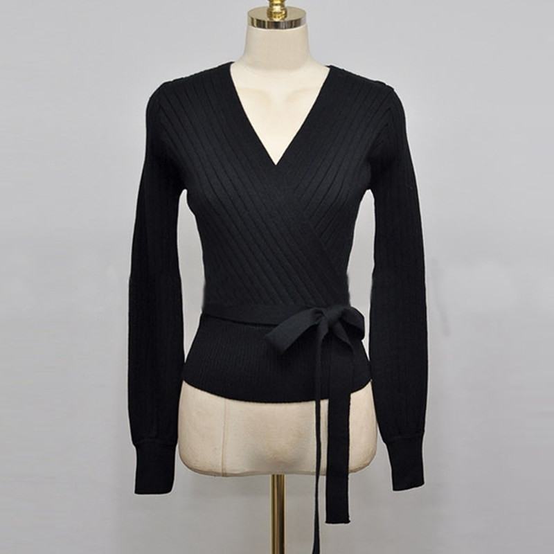 2021. gada eleganti rozā, V kakla izgriezuma laternas piedurkņu šņorējamais džemperis sieviešu pavasara rudens melns OL jaciņš, trikotāžas džemperis, sieviešu topi