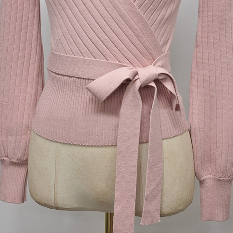 2021. gada eleganti rozā, V kakla izgriezuma laternas piedurkņu šņorējamais džemperis sieviešu pavasara rudens melns OL jaciņš, trikotāžas džemperis, sieviešu topi