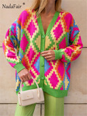 Nadafair Milti rakstains jaciņš sieviešu modes lielizmēra ziemas džemperis rudens brīvs ikdienišķs lielizmēra trikotāžas jaciņš Muje