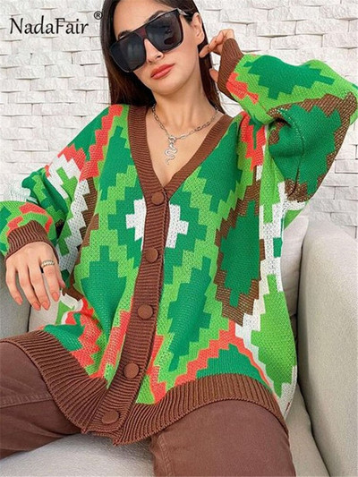 Nadafair Milti rakstains jaciņš sieviešu modes lielizmēra ziemas džemperis rudens brīvs ikdienišķs lielizmēra trikotāžas jaciņš Muje