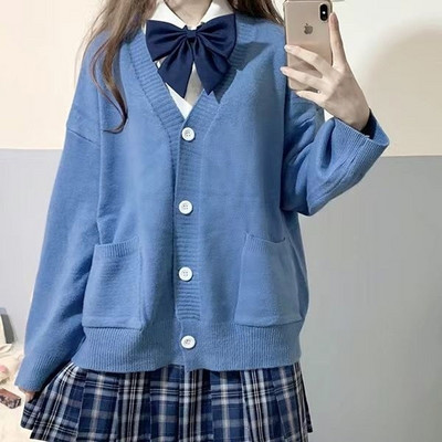 HOUZHOU Japāņu skolas pamata džemperi sievietēm Rudens Kawaii Solid V veida kakla izgriezums, brīvs trikotāžas jaciņš Preppy Style JK Uniform Cosplay