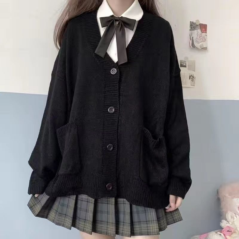 HOUZHOU Japāņu skolas pamata džemperi sievietēm Rudens Kawaii Solid V veida kakla izgriezums, brīvs trikotāžas jaciņš Preppy Style JK Uniform Cosplay