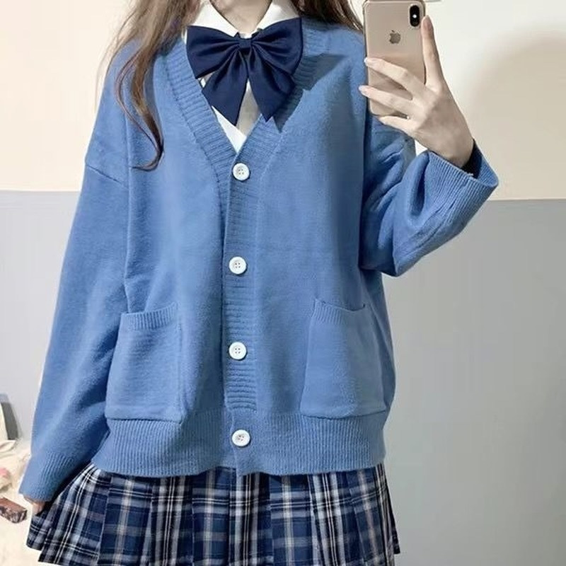 HOUZHOU Japāņu skolas pamata džemperi sievietēm Rudens Kawaii Solid V veida kakla izgriezums, brīvs trikotāžas jaciņš Preppy Style JK Uniform Cosplay
