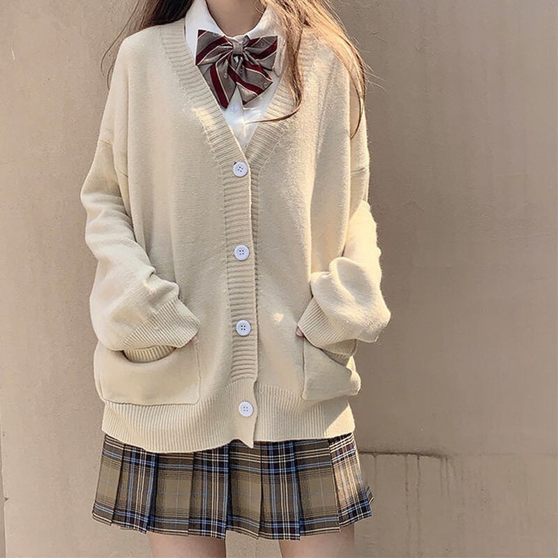 HOUZHOU Japāņu skolas pamata džemperi sievietēm Rudens Kawaii Solid V veida kakla izgriezums, brīvs trikotāžas jaciņš Preppy Style JK Uniform Cosplay