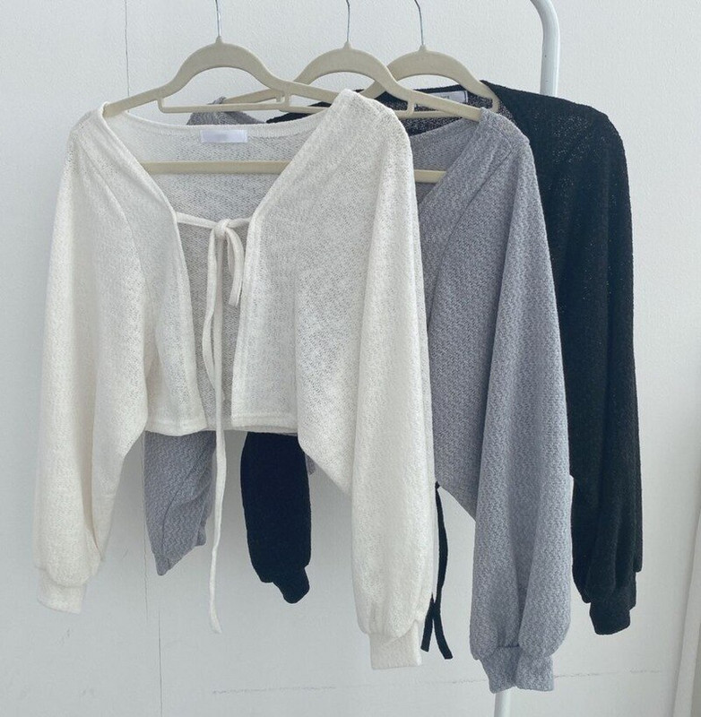 Vékony fehér kötszeres lámpás ujjú kardigán rövid kabát húzós női vad fekete szürke kötöttáru felső kimonó kardigán alkalmi póló