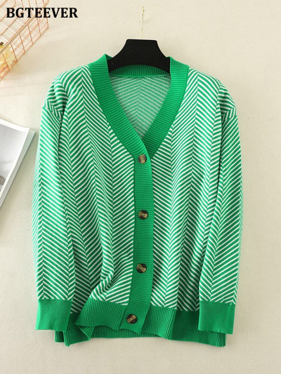 BGTEEVER Casual ριγέ ζακέτες με λαιμόκοψη V Γυναικείες πουλόβερ Φθινοπωρινά χειμερινά μακρυμάνικα φαρδιά πλεκτά γυναικεία ρούχα ανοιχτής βελονιάς