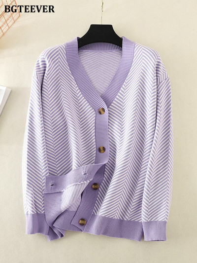 BGTEEVER Casual ριγέ ζακέτες με λαιμόκοψη V Γυναικείες πουλόβερ Φθινοπωρινά χειμερινά μακρυμάνικα φαρδιά πλεκτά γυναικεία ρούχα ανοιχτής βελονιάς