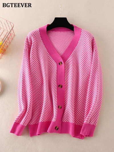 BGTEEVER Casual ριγέ ζακέτες με λαιμόκοψη V Γυναικείες πουλόβερ Φθινοπωρινά χειμερινά μακρυμάνικα φαρδιά πλεκτά γυναικεία ρούχα ανοιχτής βελονιάς