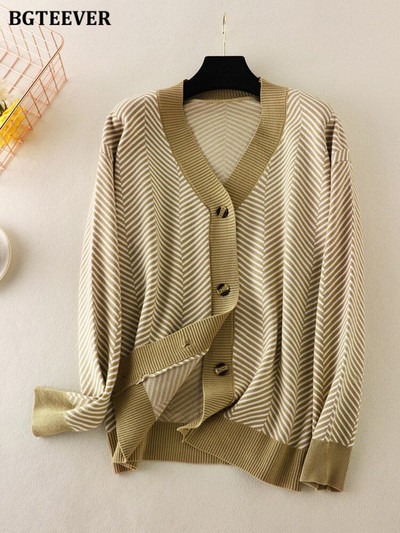 BGTEEVER Casual ριγέ ζακέτες με λαιμόκοψη V Γυναικείες πουλόβερ Φθινοπωρινά χειμερινά μακρυμάνικα φαρδιά πλεκτά γυναικεία ρούχα ανοιχτής βελονιάς