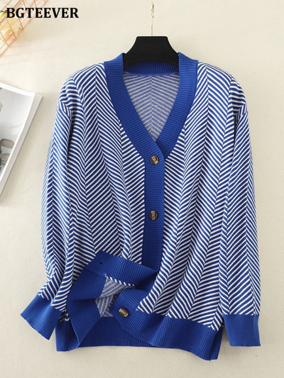 BGTEEVER Casual ριγέ ζακέτες με λαιμόκοψη V Γυναικείες πουλόβερ Φθινοπωρινά χειμερινά μακρυμάνικα φαρδιά πλεκτά γυναικεία ρούχα ανοιχτής βελονιάς