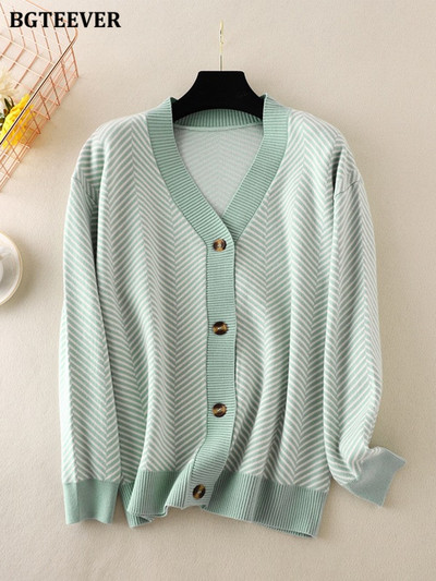 BGTEEVER Casual ριγέ ζακέτες με λαιμόκοψη V Γυναικείες πουλόβερ Φθινοπωρινά χειμερινά μακρυμάνικα φαρδιά πλεκτά γυναικεία ρούχα ανοιχτής βελονιάς