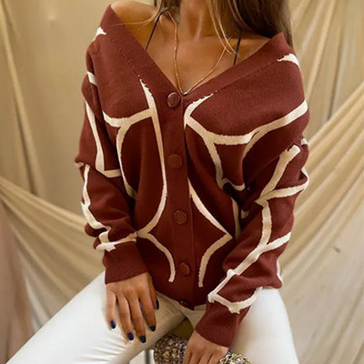 Kötött női kardigán narancssárga V-nyakú, egysoros, bő női kardigánok 2022 őszi téli alkalmi meleg, hosszú ujjú női pulóver