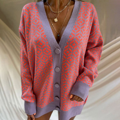 Kötött női kardigán narancssárga V-nyakú, egysoros, bő női kardigánok 2022 őszi téli alkalmi meleg, hosszú ujjú női pulóver