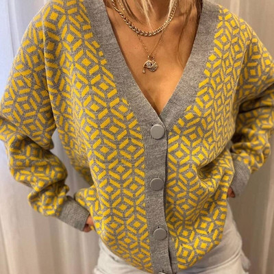 Kötött női kardigán narancssárga V-nyakú, egysoros, bő női kardigánok 2022 őszi téli alkalmi meleg, hosszú ujjú női pulóver