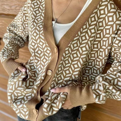 Kötött női kardigán narancssárga V-nyakú, egysoros, bő női kardigánok 2022 őszi téli alkalmi meleg, hosszú ujjú női pulóver