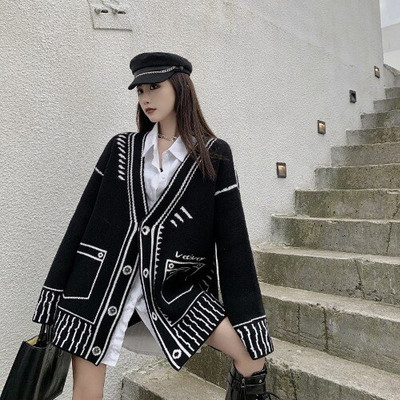 Ρετρό ιδιοσυγκρασία Loose V λαιμόκοψη Graffiti Ζακέτα Πλεκτό Σακάκι Μακρύ Φθινοπωρινό Χειμωνιάτικο Πλεκτό Πουλόβερ Μπλούζες Fashion Casual Pull